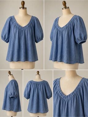 Sussan Blue 100% Linen-Texture Peasant‎ Blouse Size 10 Puff Sleeve Cottagecore